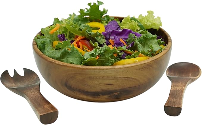 Acacia Wooden Salad Bowl Set – 9” Round Handcrafted Bowl with 2 Wood Servers, Rustic Durable Serveware for Salads, Fruit, Snacks & Everyday Dining, Gift-Ready Set of 3
