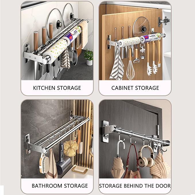 Hanging Wall Mount knife Wall Mount, Kitchen Organizer Storage Shelf for Utensils Spatula Spoon, Space-Saving Knife Rack with Hooks,Wall-Mounted Utensil Holder (Black, 60CM+Single Pole+10Hooks)