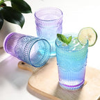 Loivttvv 6pcs Vintage Drinking Glasses Set, 12 oz Glass Cups, Embossed Ribbed Glassware Drinking Glasses for Cocktail, Water, Juice, Coffee, Whiskey