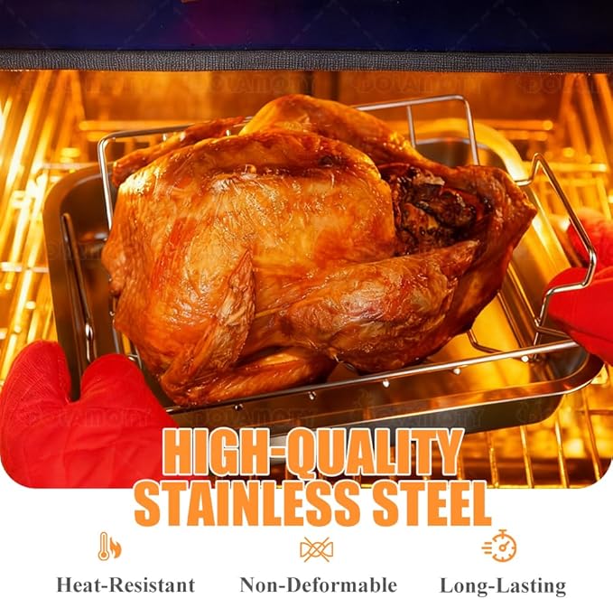 Turkey Roaster Roasting Rack with Pan, Stainless Steel Poultry Turkey Roasting Pan for Smoker Smoking and Grilling/Dual Purpose fit for Oven, Large Size Big Green Egg and Kamado Joe Etc