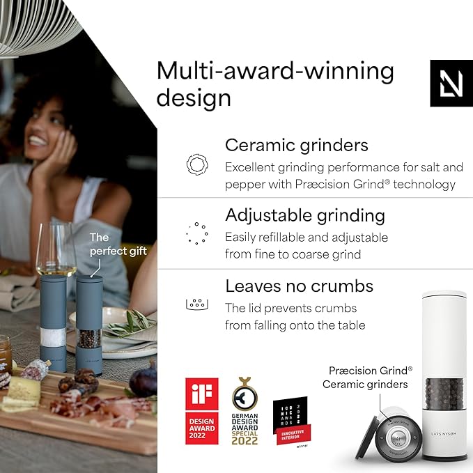 LARS NYSØM Salt and Pepper Grinder Set Manual, Stainless Steel Salt and Pepper Mills with Adjustable Ceramic Grinder I Design Spice Shakers (Pure White)