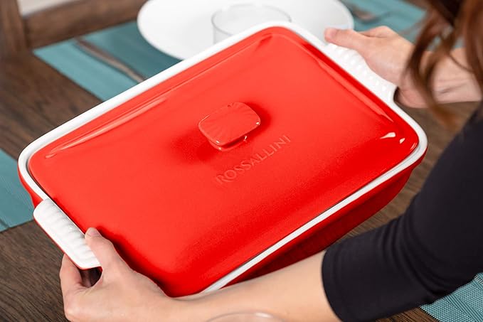 ROSSALLINI Stoneware Casserole Dish Bakeware Set with Lid, Covered Rectangular Dinnerware, Extra Large 4.23 Quart, 13 by 9 Inch, Rosso [Red]