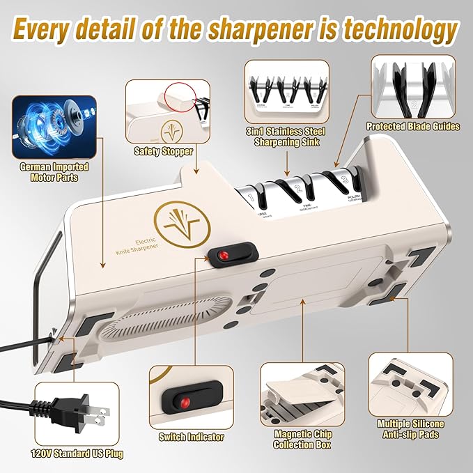 VIDOME Professional Electric Knife Sharpener with 100% Diamond Abrasives, 3-Stage Precision Angle Guides, Champagne Gold, for Kitchen Straight Edge and Ceramic Knives
