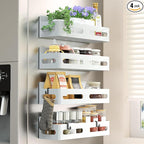 Sevenblue 4 Pack Strong Magnetic Spice Rack for Refrigerator, Multipurpose Magnetic Shelf for Fridge with 4 Hooks for kitchen and Bathroom Organization, White
