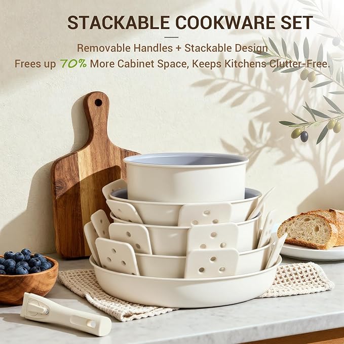 Ammeloo Ceramic Pots and Pans Set Non Stick, Non Toxic Cookware Set with Removable Handles, 18 Pcs Healthy Kitchen Cooking Set, Induction Ready, Dishwasher & Oven Safe, PFAS PFOA & PTFE Free