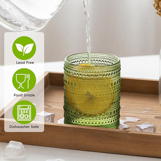 Moretoes Hobnail Drinking Glasses Set of 12,10 Oz Cocktail Glasses Vintage Glassware, Textured Glass Cups Bubble Glasses Water Glasses Old Fashion Jupiter Glasses Set (Green)