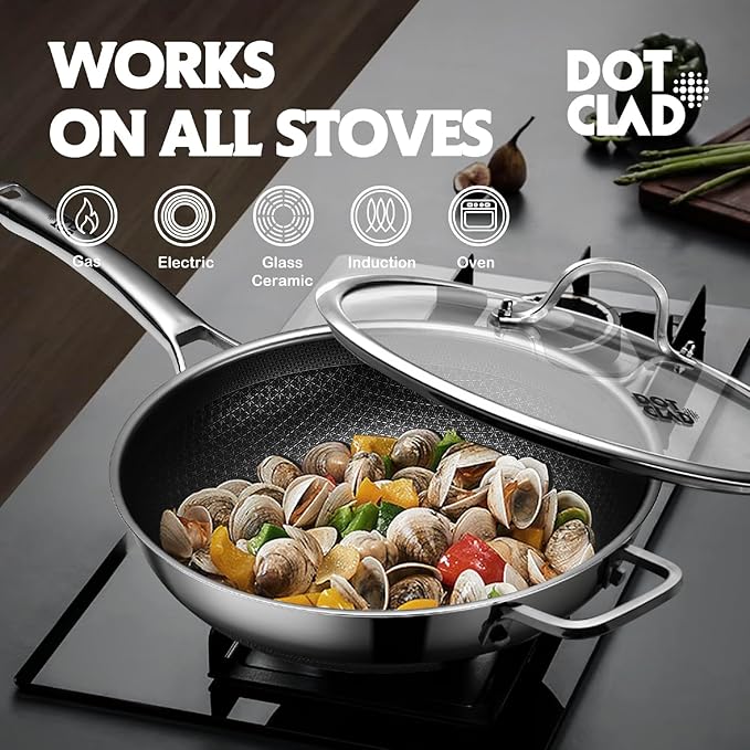 DOTCLAD Wok pan,Hybrid 13 inch Wok with Lid, PFOA Free Cookware,non stick Stainless Steel Woks & Stir-fry pans Nonstick, Dishwasher and Oven Safe, Works on Induction
