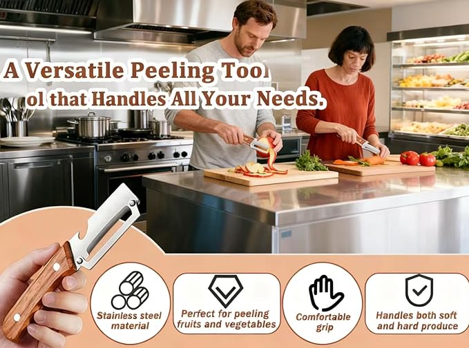 Multi Functional Premium Vegetable Peeler with Wooden Handle and Bottle Opener Stainless Steel Blade Kitchen Tool for Fruit Potato Pumpkin Papaya