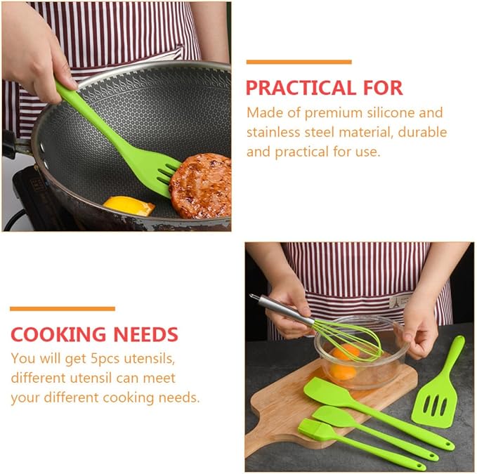 SUPVOX Silicone Kitchen Utensil Set 5pcs Green Baking Tools with Egg Whisk and Scraper Non-stick Heat Resistant Cooking Gadgets for Home Baking and Food Preparation