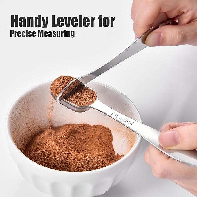 18/8 Stainless Steel Measuring Spoons: Doosu Heavy Duty Rectangular Spoon Square Teaspoon Tablespoon Scoop with Slim Long Handle in Narrow Spice Jar for Kitchen Baking Cooking (Set of 6 with Leveler)