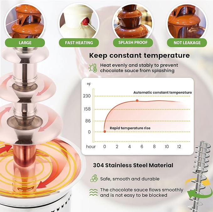 Chocolate Fountains Commercial 7 Tiers 18Lbs Large Chocolate Waterfall Machine Stainless Steel Chocolate Melting Fondue Set Easy Assembly for Nacho Cheese BBQ Sauce Liqueurs Digital-control