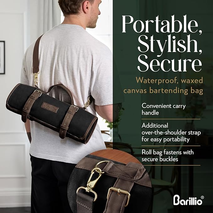 Barillio Bartender Kit Bag with Cocktail Shaker Set - Waxed Canvas, Traveling Bar Tools Bag with 17-Pc Cocktail Kit - Travel Mixology Bartending Kits - Mobile Bar Roll with Strap & Accessories