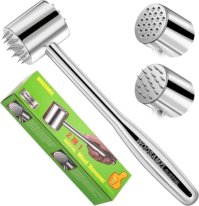 2-in-1 Real 316L Stainless Steel Meat Tenderizer Mallet Hammer,1.09lb Heavy Duty Meat Tenderizer Tool with 19 Sharp Spikes for more Flavor,Professional Meat Pounder,Dishwasher Safe & Long-Lasting