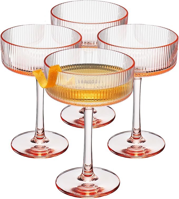 Khen Shatterproof Acrylic Ribbed Vintage Art Deco Coupe Glasses | Set of 4 | 8oz Ripple Glassware for Indoor & Outdoor Use | Pink (Peach-Tinted) Glasses