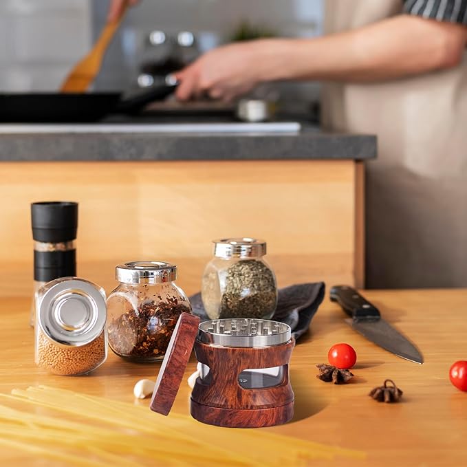 4-Piece Spice Grinder with Magnetic Lid, Resin Wood Grain Grinder with Integrated Screen & Transparent Storage Chamber, Manual Kitchen Seasoning Grinder