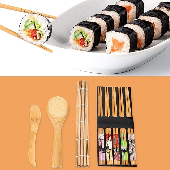 Sushi Making Tools Beginner Tools Set Include Sushi Rolling Pads Nori Rice Bamboo Curtain Roll Mats Equipment Chopsticks Rice Paddle and Rice Spreader, Set of 9