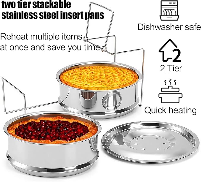 WUWEOT Stackable Steamer Insert Pans, 7.8 Inches Stainless Steel Pot-in-Pot Baking Pan, 2 Tier Pressure Cooker Accessories with Sling Handle and Silicone Gloves for Instant Pot