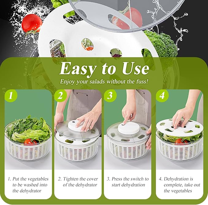 Electric Salad Spinner, 6L Lettuce Spinner Large Capacity USB Chargeble Fruit Vegetable Washer Dryer for Home Kitchen, Include Grater, Scissor, Sauce bottle, 3 Towels