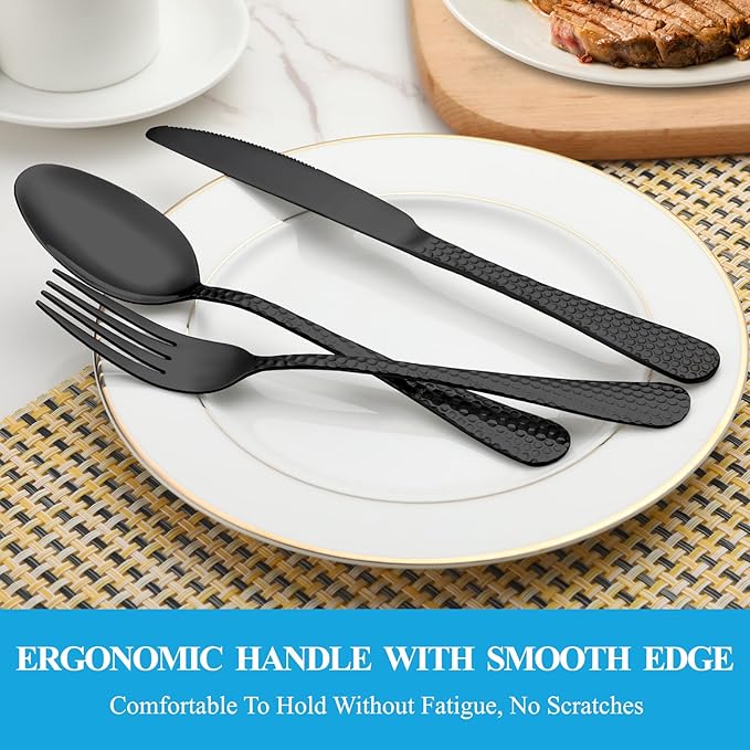 60 Pcs Black Hammered Silverware Set Service for 12,Stainless Steel Flatware Set,Mirror Polished Cutlery Utensil Set,Durable Kitchen Eating Tableware Set,Include Fork Knife Spoon Set,Dishwasher Safe