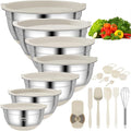 CHAREADA Mixing Bowls with Airtight Lids, 18pcs Stainless Steel Nesting Colorful Mixing Bowls Set Non-slip Silicone Bottom, Size 4.5, 3.6, 2.7, 2.1, 1.7, 1.1, 0.7 qt, Fit for Mixing & Serving (Khaki)