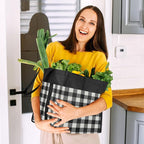 WISELIFE Reusable Grocery Shopping Bags 10 Pack Large Foldable Tote Bags Bulk, Eco Produce Bags with Long Handle for Shopping Groceries Clothes (Plaid D)