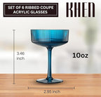 Khen Plastic Acrylic Ribbed Vintage Art Deco Martini, Champagne & Cocktail Retro Color Shatterproof Coupe Glasses | Set of 6 | 8 oz Ripple Glassware Classic Cocktail Indoor & Outdoor, European Style