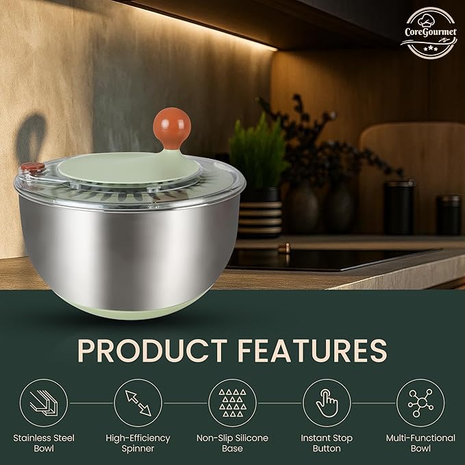 Stainless Steel Salad Spinner 5 Qt, Vegetable & Fruit Washing Bowl with Strainer, ABS & Stainless Steel, lettuce Dryer with Double Drain Holes, Quick Spin for Greens, Easy Grip, Non-Slip Base