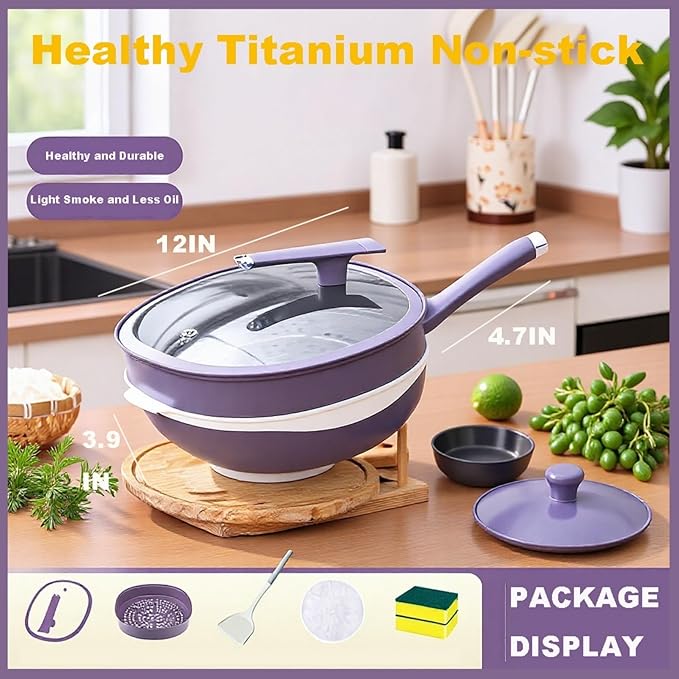 2026 Upgrade Titanium Pot 12in Titanium Alloy Non-Stick Pot with Lid with Steamer Titanium Frying Pans Nonstick Titanium Pots And Pans, Nonstick Frying Pan Cookware Sets, Deep Saute Pan (Red, 12in)
