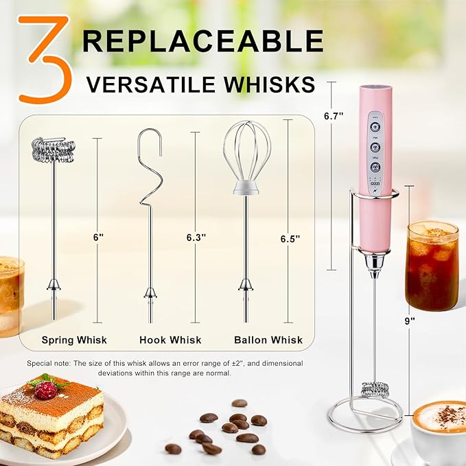 YUSWKO Pink Handheld Milk Frother Wand with Stand for Coffee, Rechargeable Electric Whisk with 3 Heads 3 Speeds Drink Mixer Coffee Frother For Latte, Cappuccino, Hot Chocolate, Egg