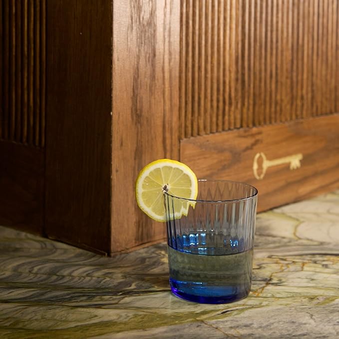 Bormioli Rocco Exclusiva Negroni Glasses, Set of 12-12 Oz. Sapphire Blue Medium Tumblers with Thin Laser Cut Rim & Impact-Resistant Edge - Lead-Free Star Glass for Cocktails & Beverages
