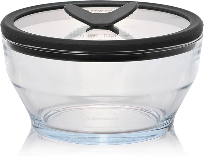 Anyday 4-Cup Glass Food Storage with Glass Lid, Round Deep Dish | Plastic-Free Meal Prep & Microwave Cookware | Stackable Airtight Storage Container with Vented Lid for Microwave-Safe Reheating