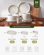 Famiware Star Plates and Bowls Sets, Modern Stoneware Dinnerware Sets for 8, 24-Piece Kitchen Dish Set - Microwave and Dishwasher Safe, Chip and Scratch Resistant, Matte White