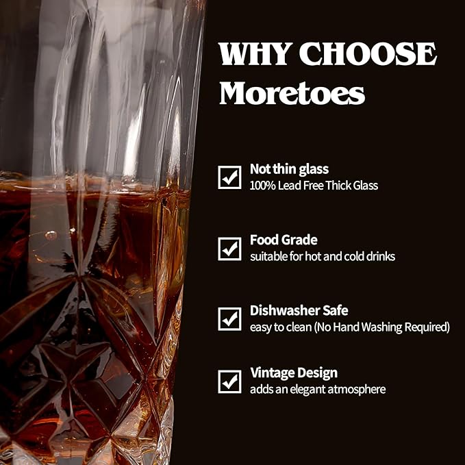 Moretoes Crystal Whisky Drinking Glasses Set of 12, Glass Cups, Mixed Glassware Set, 12 Oz Highball Glasses & 11 Oz Old Fashioned Glasses, Great for Cocktail and Other Beverages