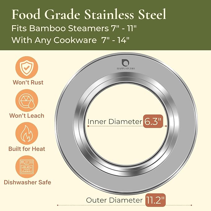 HAPPi STUDIO Stainless Steel Bamboo Steamer Ring - Fits 8 10 11 12 Inch Bamboo Dumpling Basket - Dim Sum Steamer Ring Adapter for Wok, Pot, Rice Cooker