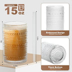 Hobnail Drinking Glasses Set of 12, 15 oz Large Capacity Highball Glasses with Straws Vintage Glasses Drinking Set, Embossed Beaded Glass Cups for Kitchen, Beer, Juice, Cocktail, Whiskey, Milk