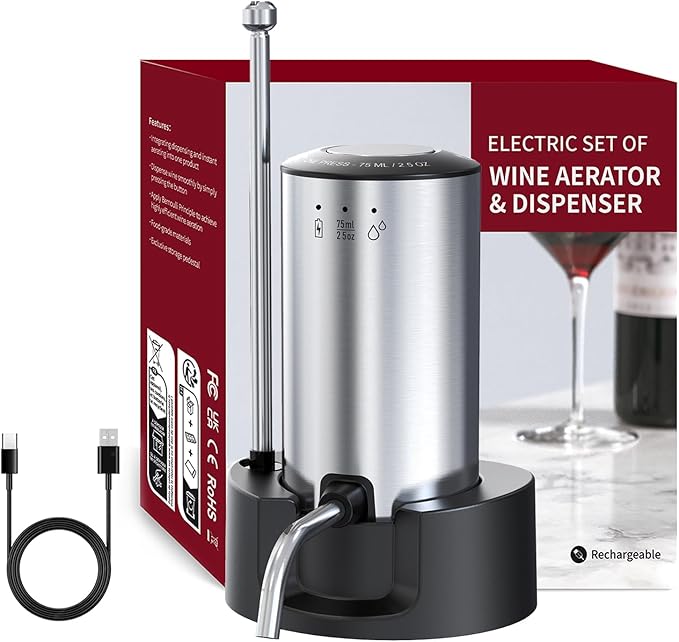 Vinflow Electric Wine Aerator decanter,Rechargeable electric wine decanter with Pourer,Measured Wine Aerator Pourer Spout with Base & Hold-to-Pour Modes for Wine Lovers
