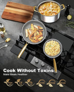 FogDream Stainless Steel Cookware, Tri Ply Pots And Pans Set, Non Stick Frying Pans, Soup Pot & Sauce Pan With Tempered Glass Lids, Cool Handles, Dishwasher Safe, Induction Compatible, Gold