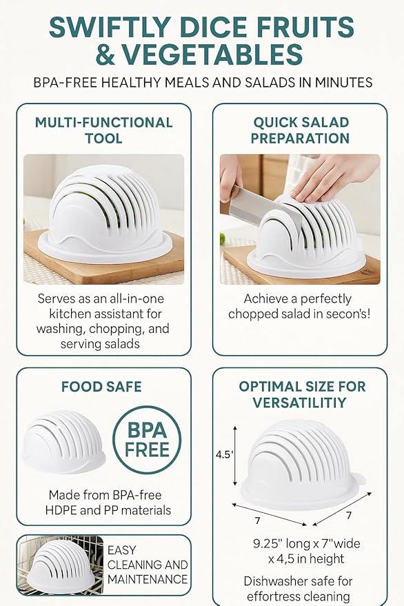 Salad Cutter Bowl and Chopper In One Fruit Vegetable Chopper, Chop Fresh Vegetables and Fruits in Seconds BPA Free Make Healthy Foods in a Minute