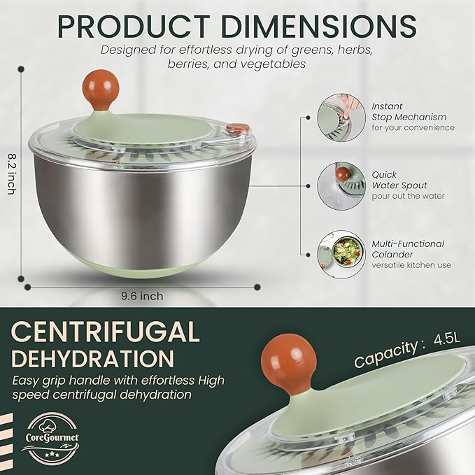 Stainless Steel Salad Spinner 5 Qt, Vegetable & Fruit Washing Bowl with Strainer, ABS & Stainless Steel, lettuce Dryer with Double Drain Holes, Quick Spin for Greens, Easy Grip, Non-Slip Base