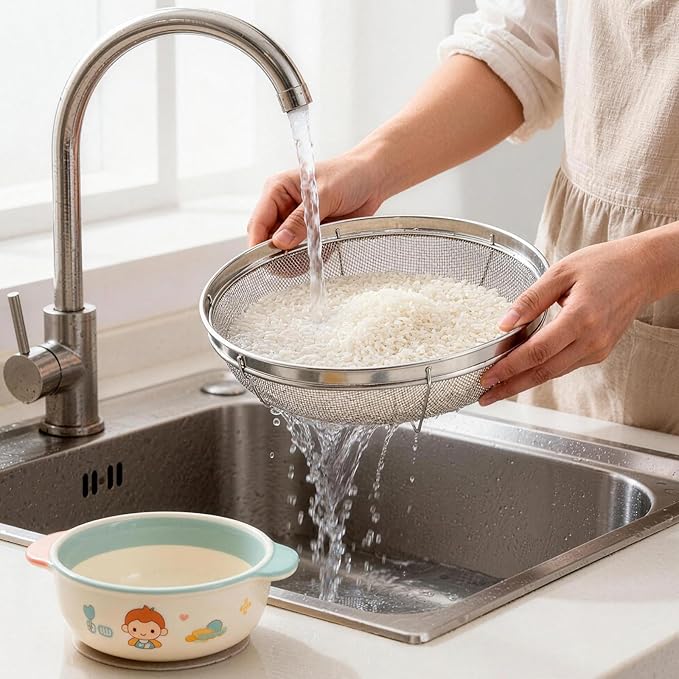 Fine Mesh Strainer for Kitchen, Stainless Steel Colander Bowl for Pasta, Rice, Fruit, Metal Net Baskets with Resting Base - Strain, Drain, Rinse (Diameter 12.2 inch)