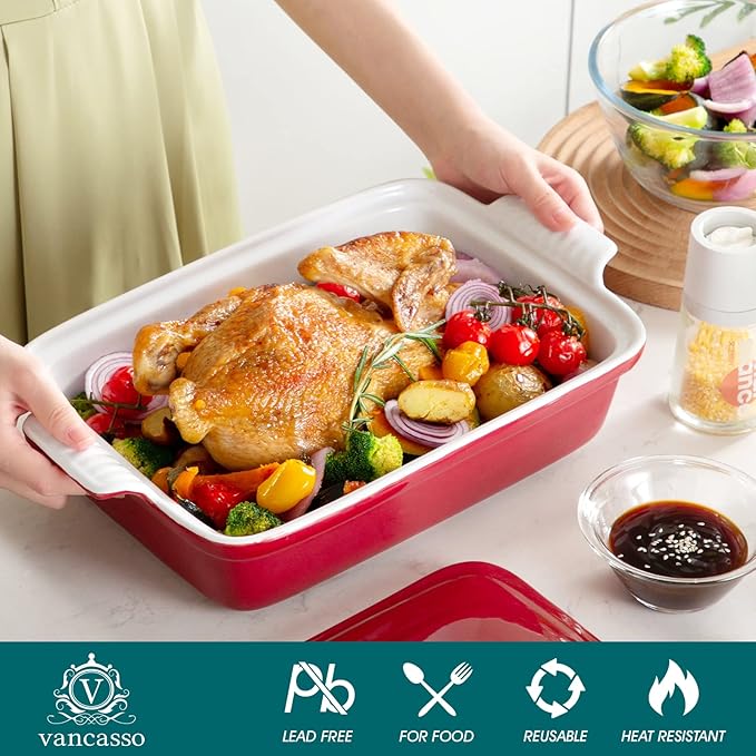 vancasso Blossom Casserole Dish With Lid, 3.8 Quart Casserole Dish for Oven, 9x13 Baking Pan with Handles, Large Casserole Baking Dish Lasagna Pan with Lid, Microwave, Dishwasher Safe, Red