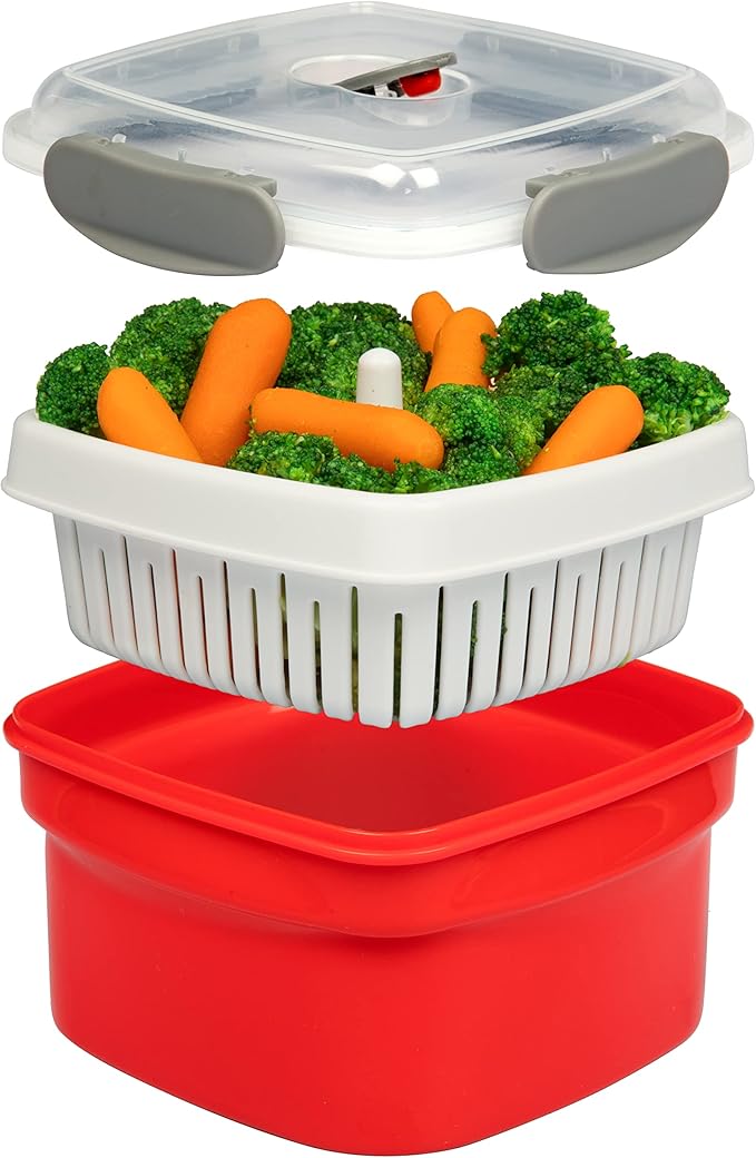 Microwave Food Steamer for Vegetables - 3 PC Microwavable Cooker with Storage- Cooking Made Easy- Removable Strainer Basket & Locking Steam Vent Lid - BPA Free, Fridge & Freezer Safe | 1.3 Liters