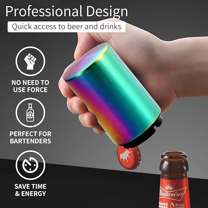 Automatic Beer Bottle Opener with Magnetic Cap, Stainless Steel One-Handed Lid Opening Spring Loaded Push&Pop Bottle Opener for Home Bars Picnic Camping Hiking（2PCS）