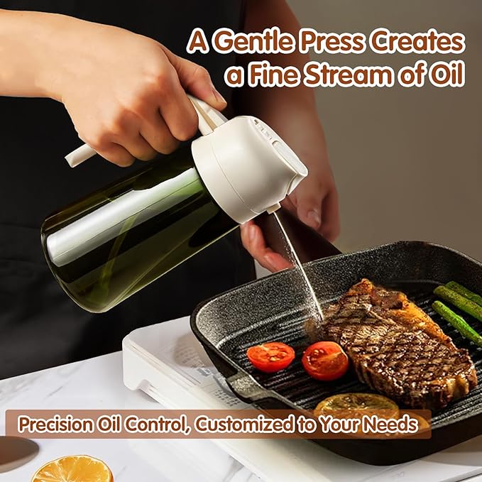 YARRAMATE 16oz/470ml Light-Blocking Dark Oil Sprayer for Cooking, 2 in 1 Olive Oil Dispenser Bottle for Kitchen, Premium Dark Green Glass Oil Bottle, Food-Grade Oil Mister for Air Fryer, BBQ (White)