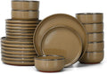 E-far Stoneware Dinnerware Sets for 8, 24 Pieces Reactive Glaze Plates and Bowls Sets, Elegant Dishes with Rustic Terracotta Clay Base, Dishwasher & Microwave Safe, Scratch Resistant, Desert Camel