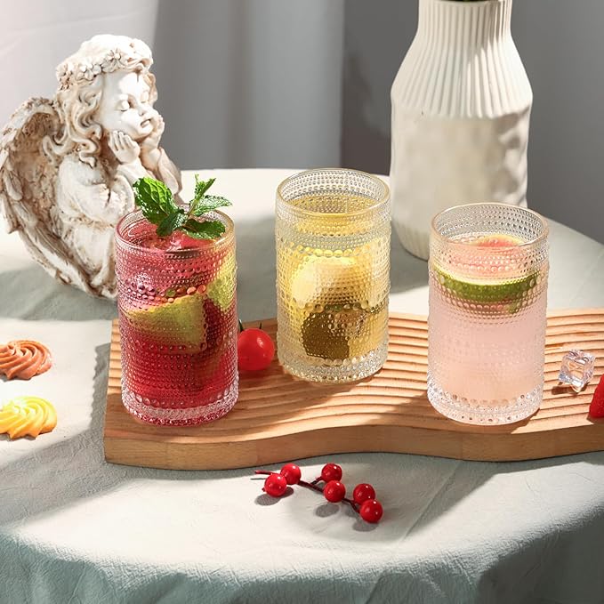 Moretoes Large Hobnail Drinking Glasses Set of 6, 15oz Highball Glass Cups, Kitchen Drinkware Glassware,Embossed Water Tumbler,for Beer,Cocktail,Whiskey,Juice and Various Mixed Drinks(Clear)