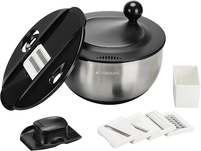 Navaris Salad Spinner with Lid - Salad Spinner Stainless Steel - Salad Dryer - Easy Washing, Drying and Spinning - Includes Grating and Slicing Discs