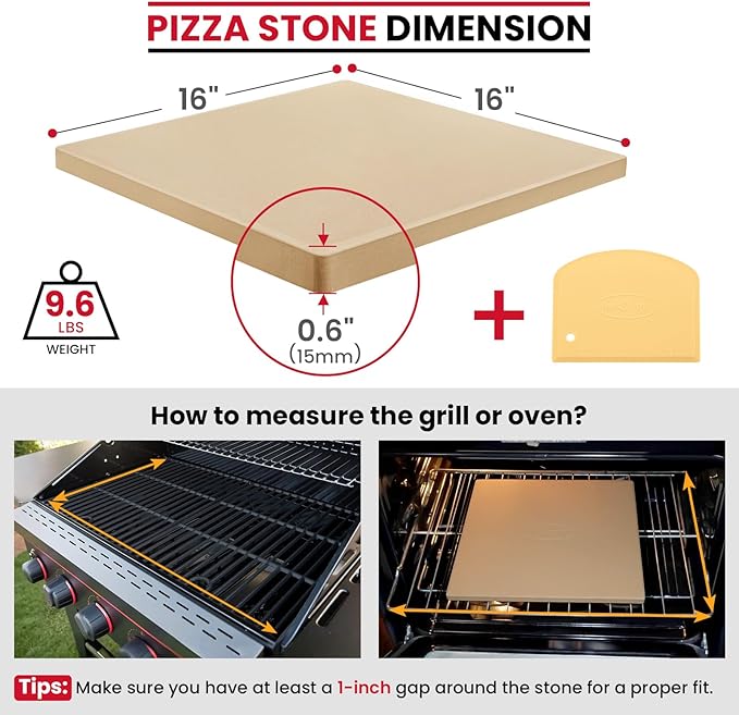 Unicook 16" x 16" Square Pizza Stone for Grill and Oven, Large Cordierite Bread Baking Stone for Crispy Crust Pizzas, Bread and Cookies, Includes Dough Scraper
