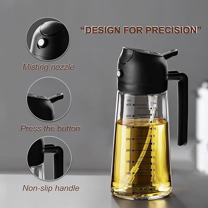 X&E 16oz/470ml Glass Olive Oil Sprayer for Cooking, 2 in 1 Olive Oil Dispenser Bottle, Food Grade Oil Mister for Kitchen Gadgets, Air Fryer Accessories, Salad & BBQ – Black