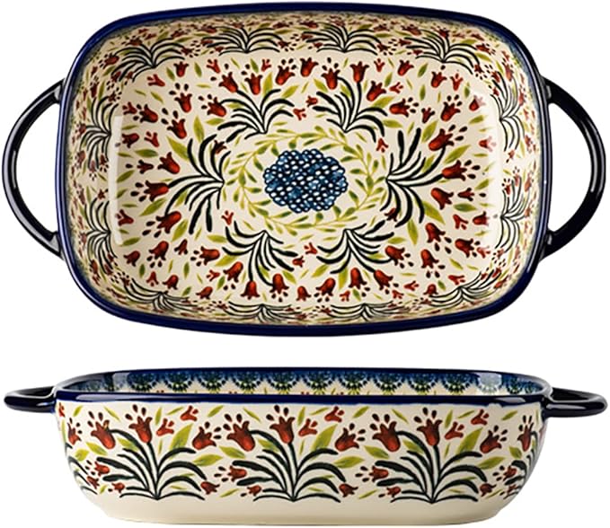 Vintage Style Tulip Flower Pattern Ceramic Bakeware Casserole Dish Baking Pan Lasagna Pans Baking Dish with Handles for Oven/Cooking/Kitchen-1 PCS-60 OZ
